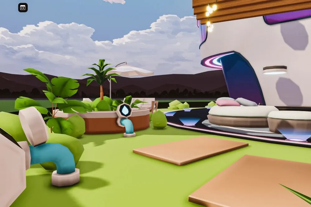 Entorno virtual de CUREO: jardín con mobiliario y objetos interactivos